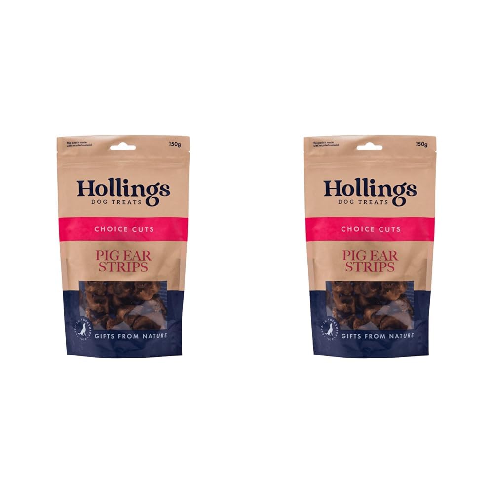 Hollings Pig Ear Strips Dog Treats, 100% Natural Air Dried Long Lasting Chews for Adult Dogs, Grain Free & High in Protein (150g) (Pack of 2)