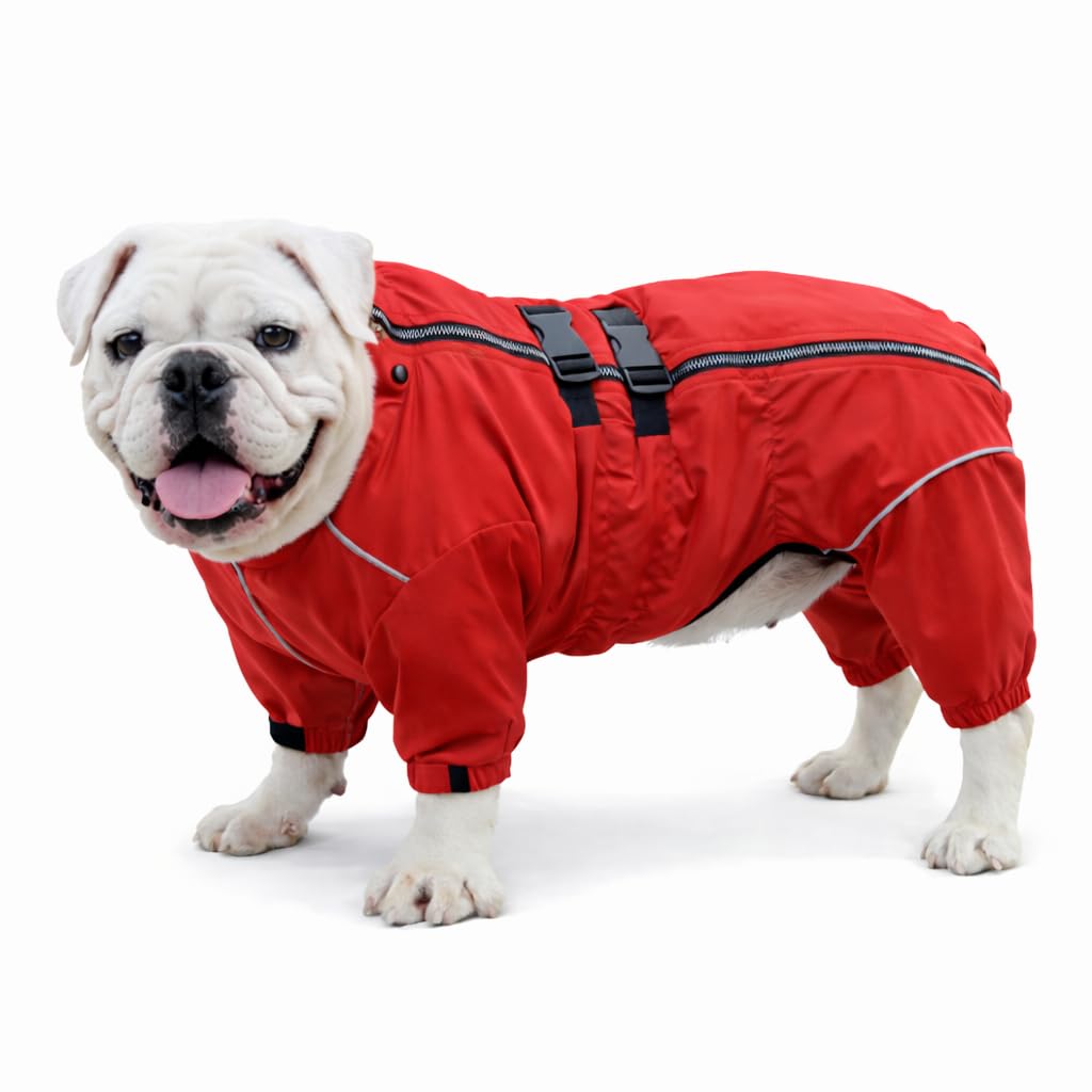 Dogs Waterproof Jacket, Lightweight Waterproof Jacket Reflective Safety Dog Raincoat Windproof Snow-proof Dog Vest for Pugs English French Bulldog American Pit Bull Red B-M