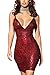 Haloon Womens Glitter Deep V Neck Strappy Open Back Bodycon Sequin Mini Dress Red S