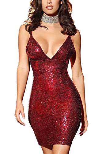 Haloon Womens Glitter Deep V Neck Strappy Open Back Bodycon Sequin Mini Dress Red S