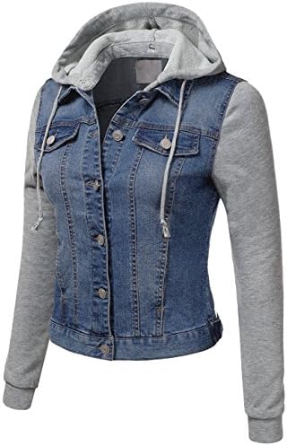 KOOLDO Womens Denim Jacket Lightweight Fleece Hoodie, Sleeve and Pockets-S-Blue
