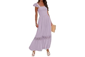 ZESICA Women's 2025 Summer Lace Strap Sleeveless Square Neck Smocked High Waist Ruffle Hollow Out Flowy A Line Maxi Dress