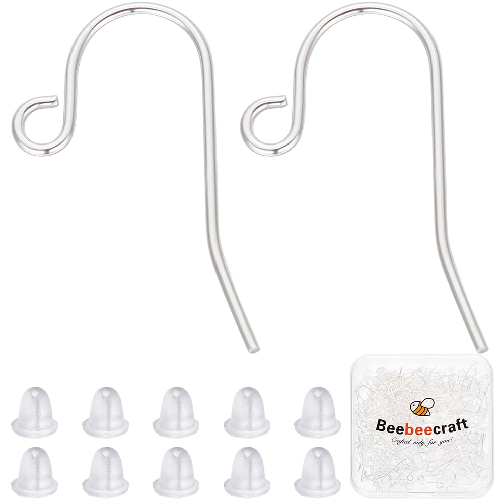 Beebeecraft 1 Box 200Pcs Earring Hooks Kit 925 Sterling Silver Plated Brass Simple Base Blank Ear Wires Fish Hook with 200Pcs Plastic Ear Nuts for Jewelry Making Drop Dangle Earrings DIY Crafts