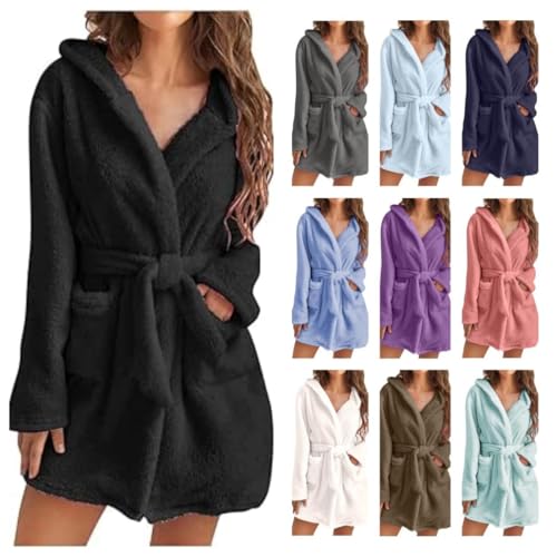 Fluffy Dressing Gowns for Women Ladies Warm Cozy Hooded Bathrobe Plush Fleece Housecoat Loungewear Soft Comfy Long Robe Nightwear for Spa Hotel Home