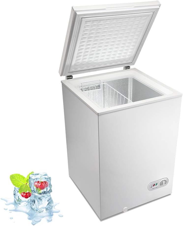Kismile 3.5 Cubic Feet Chest Freezer with Removable Basket Free Standing Top open Door Compact Freezer with Adjustable Temperature for Home/Kitchen/Office/Bar (White)