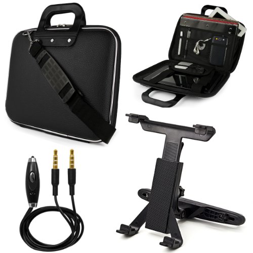 SumacLife Cady 10.1-inch Tablet and Laptop Messenger Bag for Acer Aspire Switch 10 & 10 E with Headrest Mount & 3.5mm Auxiliary Cable (Black)