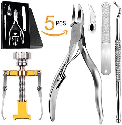 5 Pcs Ingrown Toenail Tools Kit - 5 in 1 Gold Professional Pedicure Toes Treatment Tools with Nail Corrector, Clipper, Cleaner, File for Thick Ingrown Toenails Correction Orthotic Appliance Set