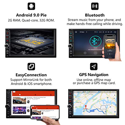 Android 9.0 Double Din Car Stereo, Double Din Car Head Unit,Eonon Car Audio with Bluetooth 5.0, 7 Inch 32GB ROM Car GPS Navigation Head Unit, Support Fastboot, WiFi Connection (NO DVD/CD)- GA2176