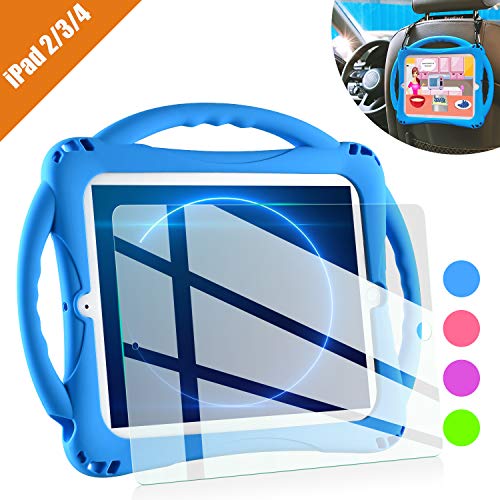 TopEsct iPad 2 Case for Kids, Shockproof Silicone Handle Stand Case Cover&(Tempered Glass Screen Protector) for Apple iPad 2nd Generation,iPad 3rd Generation,iPad 4th Generation (Blue)
