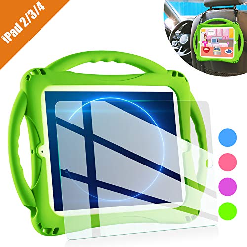 TopEsct iPad 2 Case for Kids, Shockproof Silicone Handle Stand Case Cover&(Tempered Glass Screen Protector) for Old Version Apple iPad 2nd Generation,iPad 3rd Generation,iPad 4th Generation (Green)