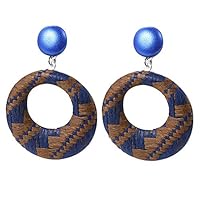 HUAhuako Round Dangle Earrings, Boho Women Handmade Hollow Rattan Weave Jewelry Gifts Blue + Brown