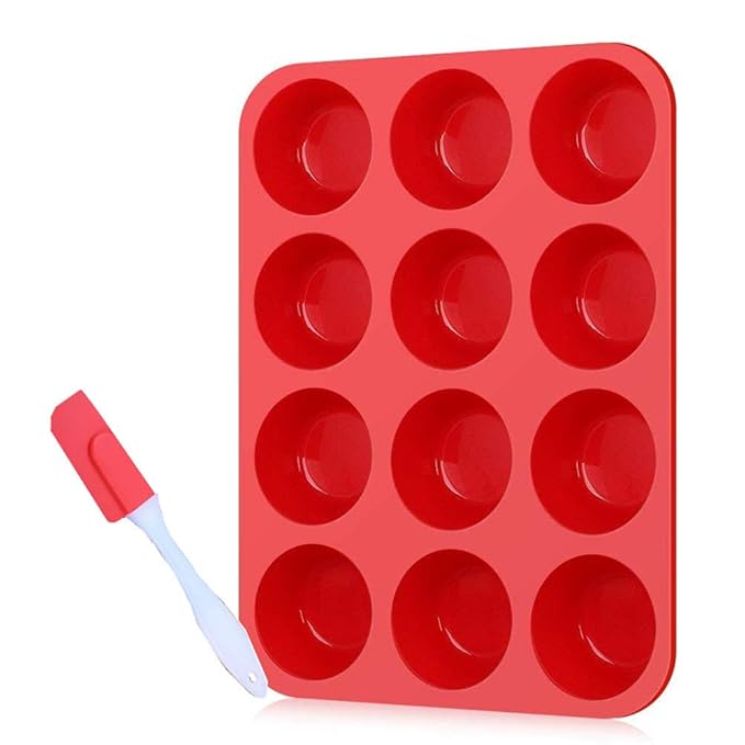 Silicone Muffin Trays and Spatula, Mini 12 Cups Muffin Silicone Cupcake Baking Pans/Non Stick