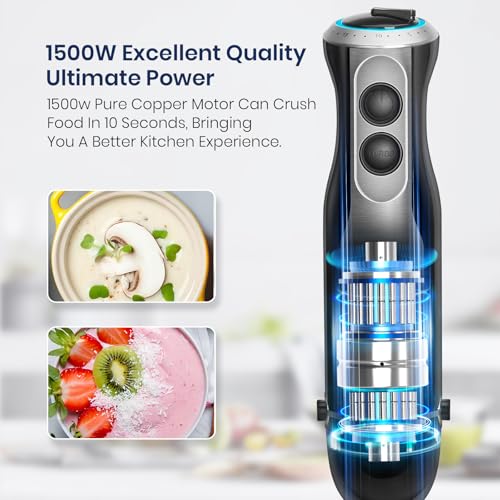 Roiffcly 1500W Hand Blender, 4 in 1 Stick Blender Set with 4 Stainless Steel Blades, Immersion Blender with 20 Speeds and Turbo Buton, Handheld Blender with Whisk, Measuring Mug, Chopper, BPA-Free