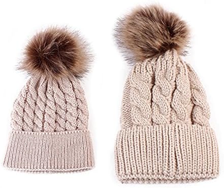 Kids Baby Boy Girl Mom Knitted Hat Set Winter Furry ball Hats Soft Beanie Cap (Khaki)