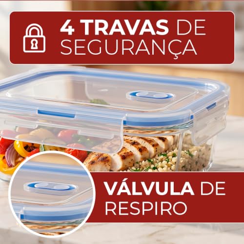 Kit 4 Potes de Vidro Herméticos 1040ml com Tampa Silicone Azul | Marmita Fitness, Meal Prep, Conservação de Alimentos e Organização de Cozinha