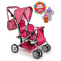 Exquisite Buggy, TWIN DOLL Stroller with Diaper Bag and Swivel Wheels & Adjustable Handle - Pink & POLKA DOTS Design With 2 FREE Magic Bottles