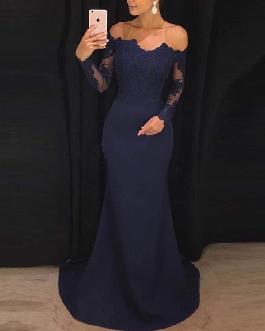 navy blue prom dress long sleeve