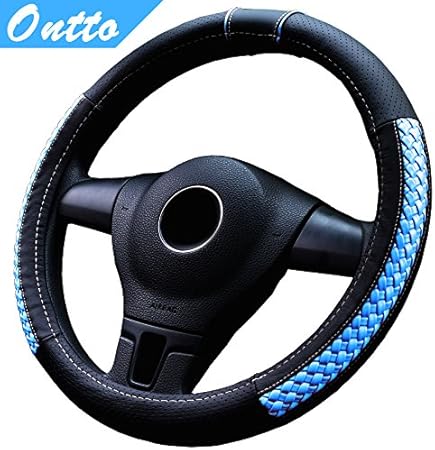 Amazon Ontto ハンドルカバー ステアリングカバー 滑り止め 通気性 いい 四季 汎用 フィット 軽自動車 オシャレ Mサイズ 37cm 38cm レザー 青 車 バイク 車 バイク