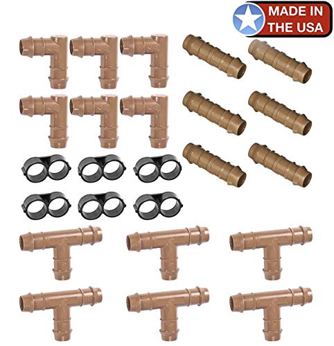 USA Made - Irrigation Fittings Kit for 1/2" Inch Tubing 24 PIECE SET - 6 Tees, 6 Couplings, 6 Elbows & 6 End Cap Figure 8 Plugs - Barbed Connectors (Rain Bird 17mm .600 ID & Other Drip Systems)