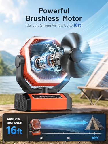 Battery Powered Fan - 9-Inch Rechargeable Fan Portable, 24000mAh(60Hrs) Camping Fans for Tent, Auto Oscillation Cordless, Tent Fans for Camping with Remote/light, 4 Speeds, 4 Timing, Outdoor