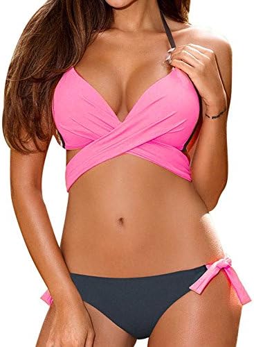 Women Two Piece Bikini Set Crisscross Halter Swimsuit Push-up Padded Bra Swimwear Tankini Bathing Suit Beachwear Black