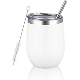 FristChoice 12 oz Insulated Wine Tumbler with Lid and Straw,Stainless Steel Stemless Wine Tumbler Glasses Double Wall Vacuum Wine Cups Tumbler for Coffee,Champaign,Cocktail,Office (White,1)