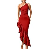 LAGSHIAN Women's Elegant One Shoulder Ruched Asymmetric Ruffle Satin Cocktail Party Maxi Dress