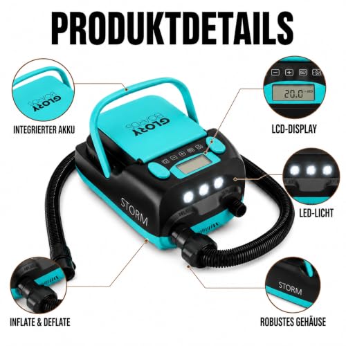 Glory Boards SUP Pump Battery Electric Pump SUP 20 PSI High Pressure Electric Air Pump with 6 Adapters for Stand Up Paddle Boards, Boats, Kayak, Air Mattresses, Tent, 230 V & 12 V Charging Function