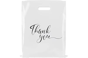 Rainbows & Lilies 100 Thank You Bags,12x15 Plastic Bags with Handles, Shopping Bags for Small Business, Clothes, Gifts, Goodie Bags, Retail Bags, Bulk Gift Bags - Thick Reusable Bags (White)