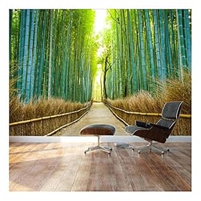 Bamboo Forest with a Cleared Path Headed into a Sunny clearing - Green and Gold Branches - Landscape - Wall Mural, Removable Sticker, Home Decor - 66x96 inches