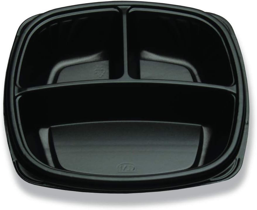 Forum Black Plastic 3 Compartment Plate, 9 inch - 300 per case.