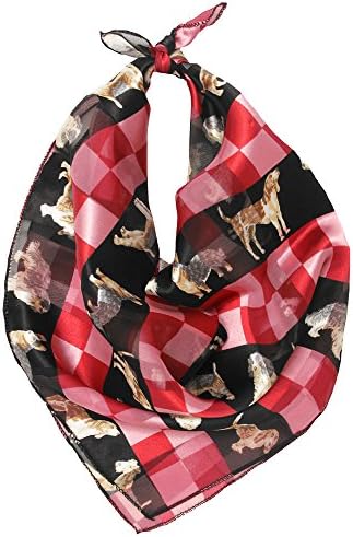 Women's Satin Striped Lightweight Spring/Summer/Fall Square Checkered Various Cute Puppy Printed Scarf (Black/Red)