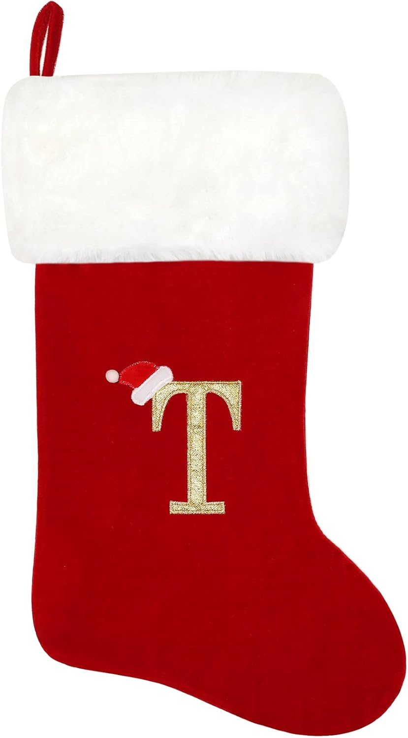 Stockings & Holders - Eoocan 20 Inches Monogram Christmas Stockings Red Velvet with White Super Soft Plush Cuff Embroidered Xmas Stockings Classic Personalized Stocking Decorations for Family Holiday Season Decor(Letter T)