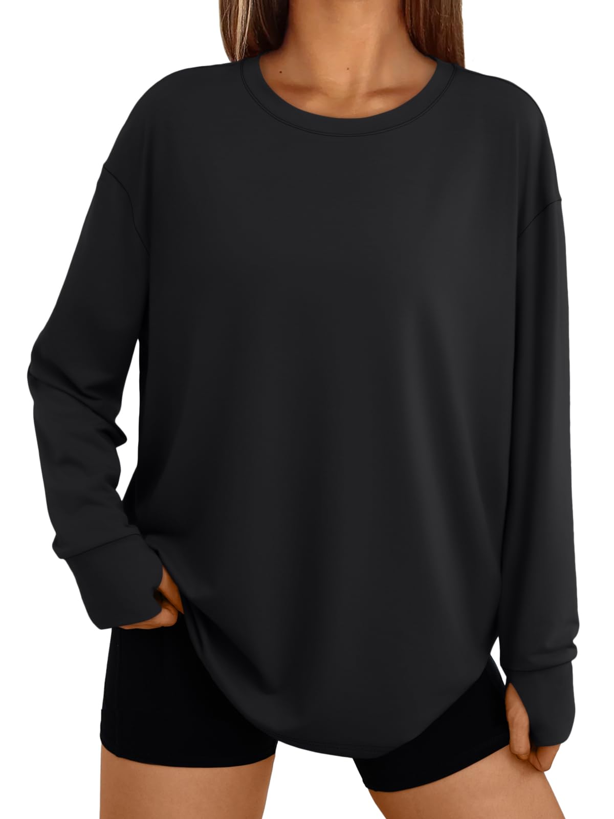 Photo 1 of Trendy Queen Womens Oversized T Shirts Fall Thumb Hole Long Sleeve Workout Tops Fashion Plus Size Gym Loose Y2k Tunic Tee Black XL