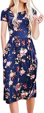 MALOTINA Women Short Sleeve Floral Print Scoop Neck Elastic Waist Pocket Casual Midi Vintage Dress