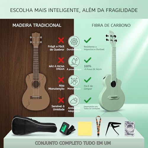VEDO Ukulele de Concerto 23 Polegadas em Fibra de Carbono | Conjunto Completo para Viagem, Inclui Mochila, Inclui Correia, Capo e Afinador, Inclui Palhetas e Cordas