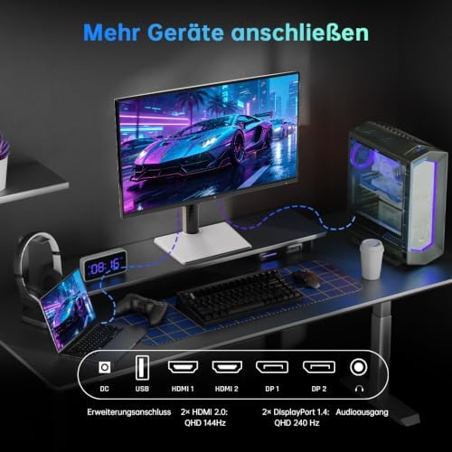 H27E6S 27 Inch Gaming-Monitor QHD 2560 x 1440, 240Hz (OC 275Hz), Fast IPS, 1ms, HDR400, FreeSync & G-Sync Compatible, Eye Care, VESA 100x100, Höhenverstellbarer Standfuß, HDMI 2.0, DisplayPort 1.4
