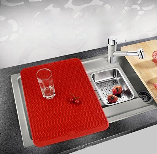 Neodot Silicone Dish Drying Mat Hangable Draining Mat for Kitchen Counter 16 x 12 Inch Large Non Slip Heat Resistant 240℃ ( Black &amp; Red )