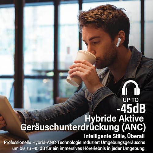 Bluetooth Headphones with Hybrid Active Noise Cancellation, In-Ear Headphones Wireless Bluetooth 5.4, 6Mic, 49 Hours Playback, Powerful Bass, 8 EQ Modes, App Control, Wireless Charging, Multipoint