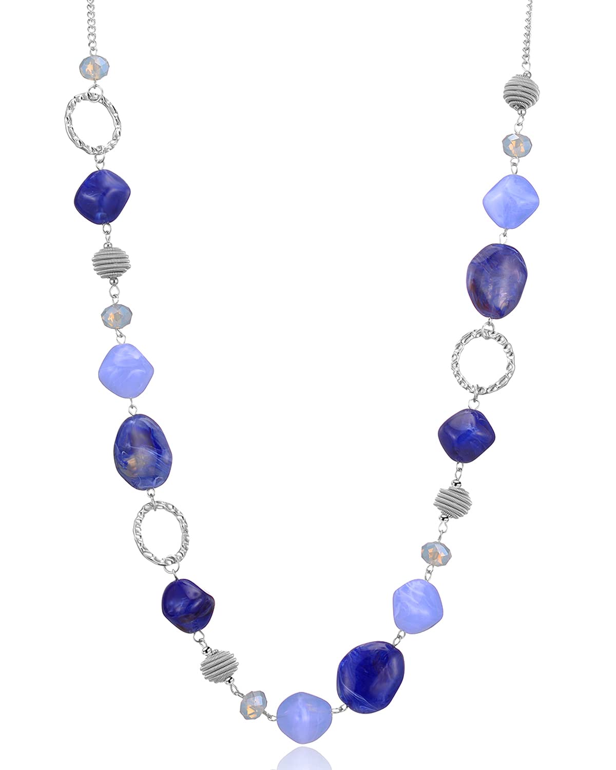 BULINLIN Beaded Long Silver Necklaces for Women, Handmade Statement Sweater Chain Necklace with Crystal Beads for Fashion Jewelry gifts(Dark light blue)