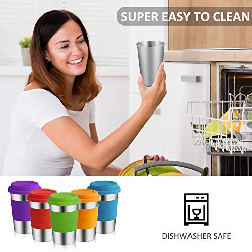 Stainless Steel Cups, Supkiir Metal Drinking Tumblers with Silicone Lids&Sleeves, Unbreakable Light Drinking Cups For Kids/Adults, Set of 5 Metal Cups for Coffee Beer Milk Wine -BPA Free