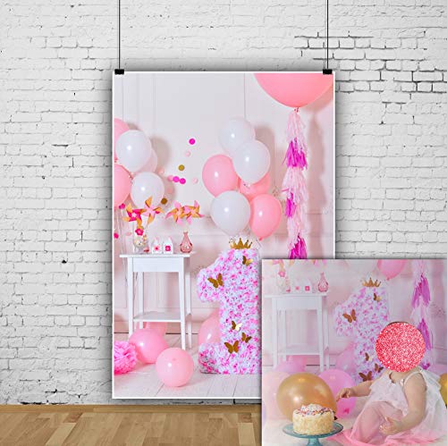 OFILA 1st Girls Birthday Decoration Backdrop 3x5ft Baby Girl First Birthday Photography Background Birthday Balloons Cake Smash Portraits Paper Butterfly Crown Pinwheel Photos Studio Props