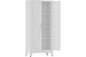 COFaR Metal Storage Cabinet, 61 in Tall Metal Cabinet with 3 Adjustable Shelves and Barn Doors, Farmhouse Cupboard Storage for Kitchen Pantry Garage Laundry, 4-Tier White