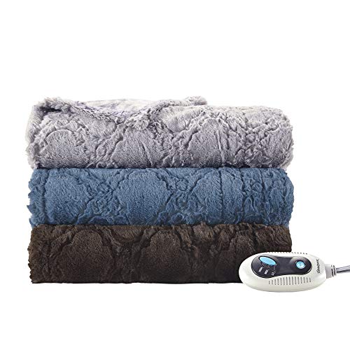 Beautyrest Brushed Long Fur Electric Throw Blanket Ogee Pattern Warm