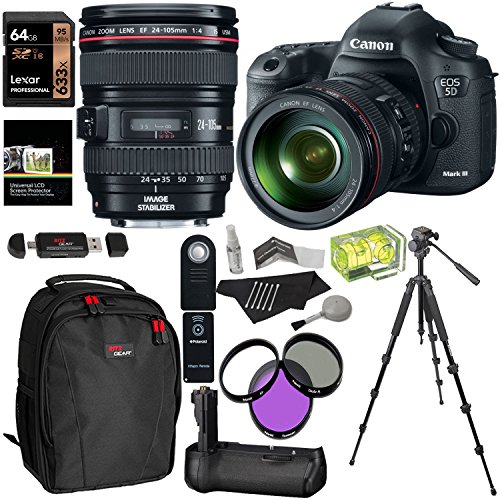 Canon EOS 5D Mark III 22.3 MP Full Frame CMOS Digital SLR Camera EF 24-105mm f/4 L IS USM Lens Kit + Tripod + Ritz Gear USB Reader Writer + Accessory Bundle