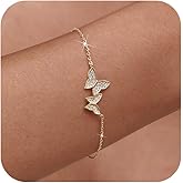 LOVECOM 925 Sterling Silver Double Butterfly Bracelets for Women Dainty Gold Plated CZ Insect Link Bracelet Distance Matching Chain Bracelet Valentines Jewelry Gifts for Best Friends Sister