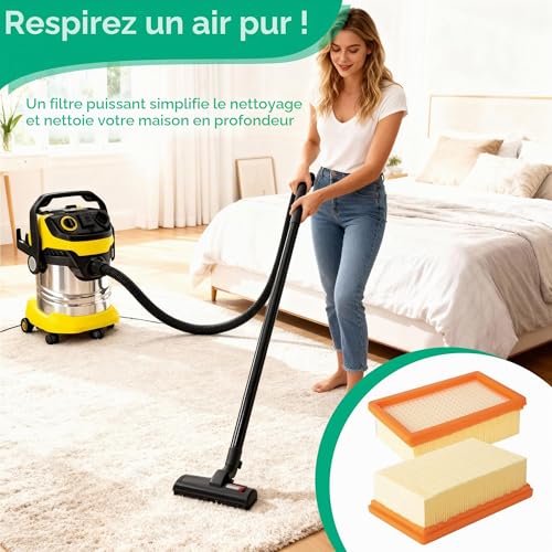 YeeQo Karcher Vacuum Cleaner Filter Set of 4 Suitable for Karcher WD4 WD5 WD6 / MV4 MV5 MV6 Wet and Dry Vacuum Cleaner Flat Pleated Filter Compatible with Karcher 2.863-005.0 with Cleaning Brush