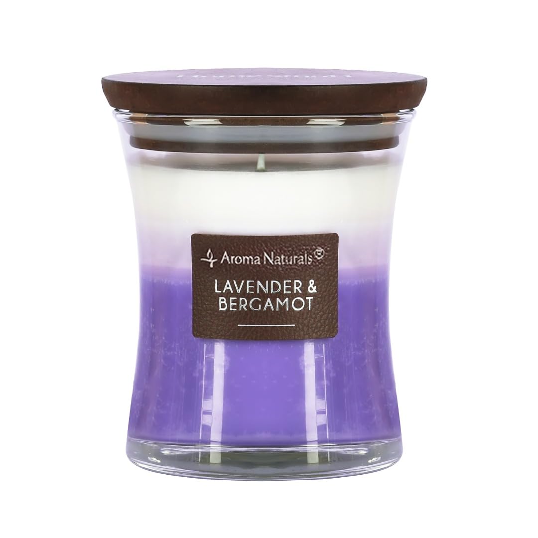 Aroma Naturals 3-Layer Scented Candle, 11.3 oz Candle with Hourglass, Aromatherapy Candles Burns Up to 45 Hours, Natural Soy Wax Candle for Home, Wooden Lid (Lavender & Bergamot)