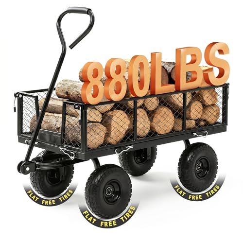 HEAHOLD Garden Wagon Cart Heavy Duty 880 LBS Steel Utility Cart with All-Terrains 3.50-4" Solid Wheels 10" Tires, 180° Rotating Handle, Removable Sides, Laser-Welded Frame & Multi-Surface