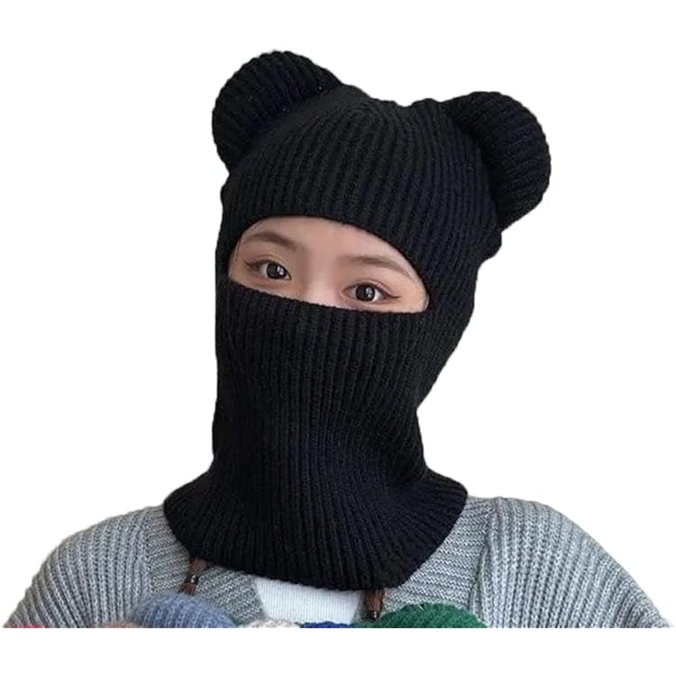 Newcotte Black Distressed Balaclava Ski Mask with Cat Ear